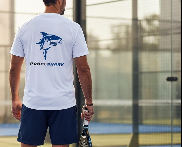 Padel Shark white short-sleeve t-shirt with blue shark graphic and Padel Shark logo on back. Breathable, fluid fabric.